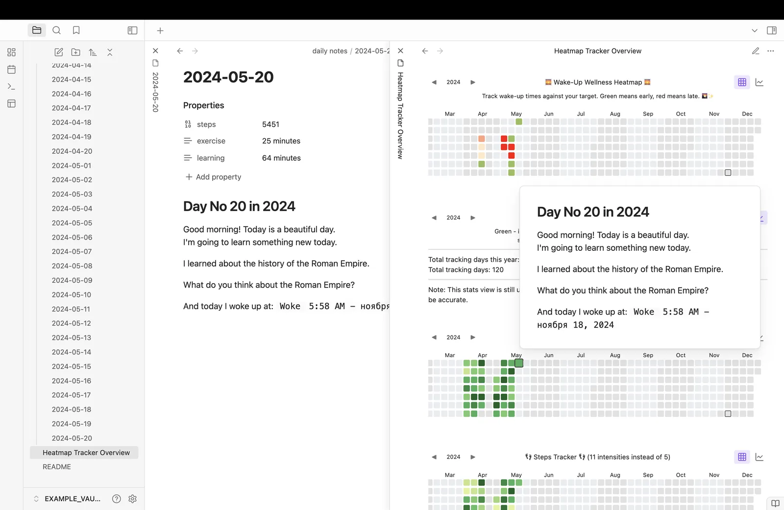Heatmap Tracker inside Obsidian showing a yearly grid, statistics and insights